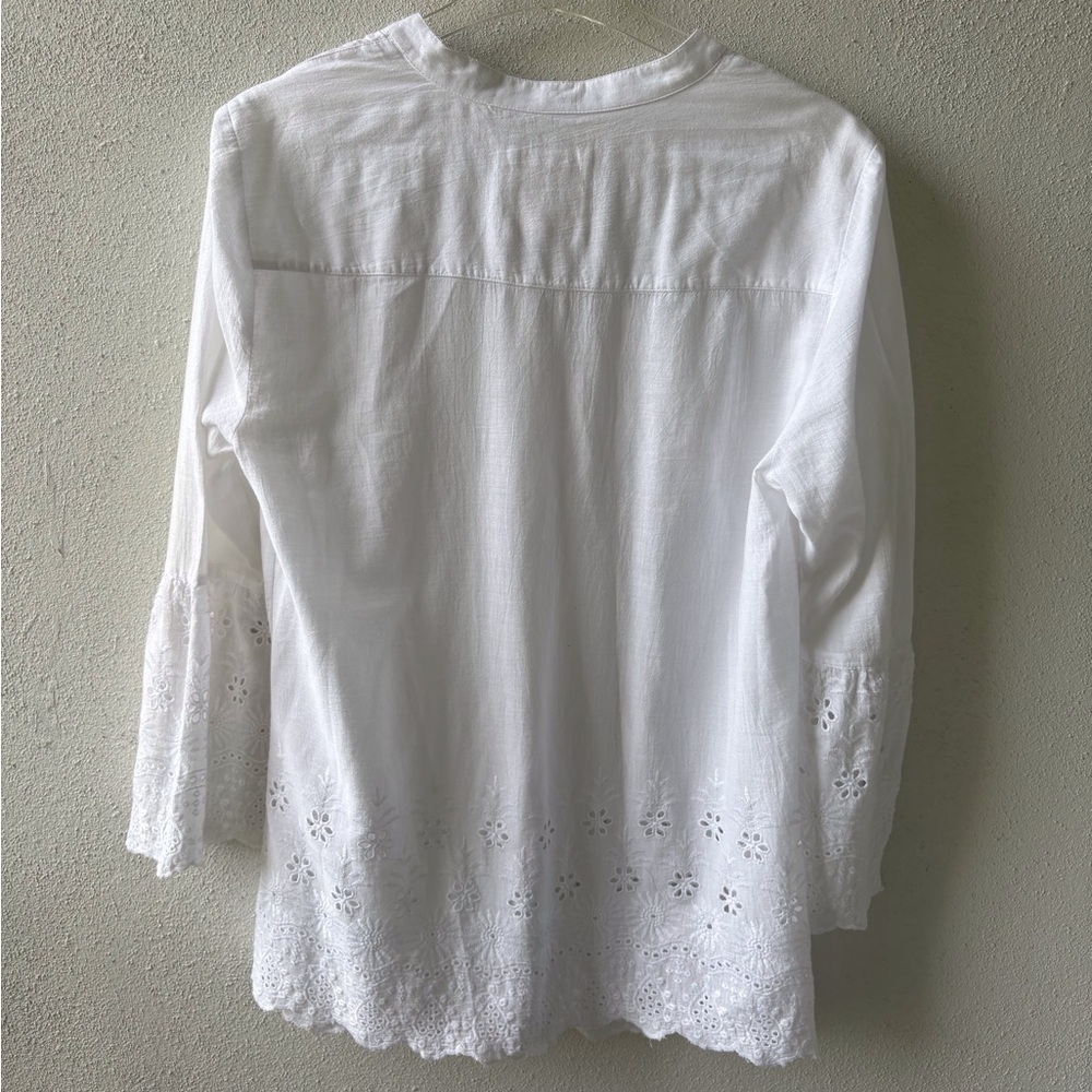 Style & Co White Cotton Eyelet Pleated Top Size L Embroidered Bell Sleeve Button - Picture 3 of 11
